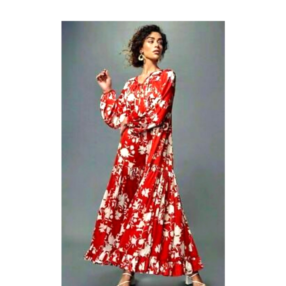 H&M Johanna Ortiz collaboration voluminous satin crinkle dress.